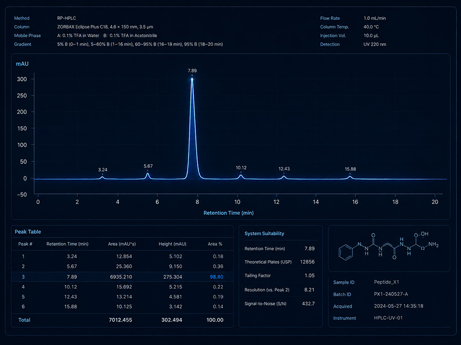 HPLC-UV Purity Analysis Icon Blue HPLC-UV purity analysis icon for peptide testing